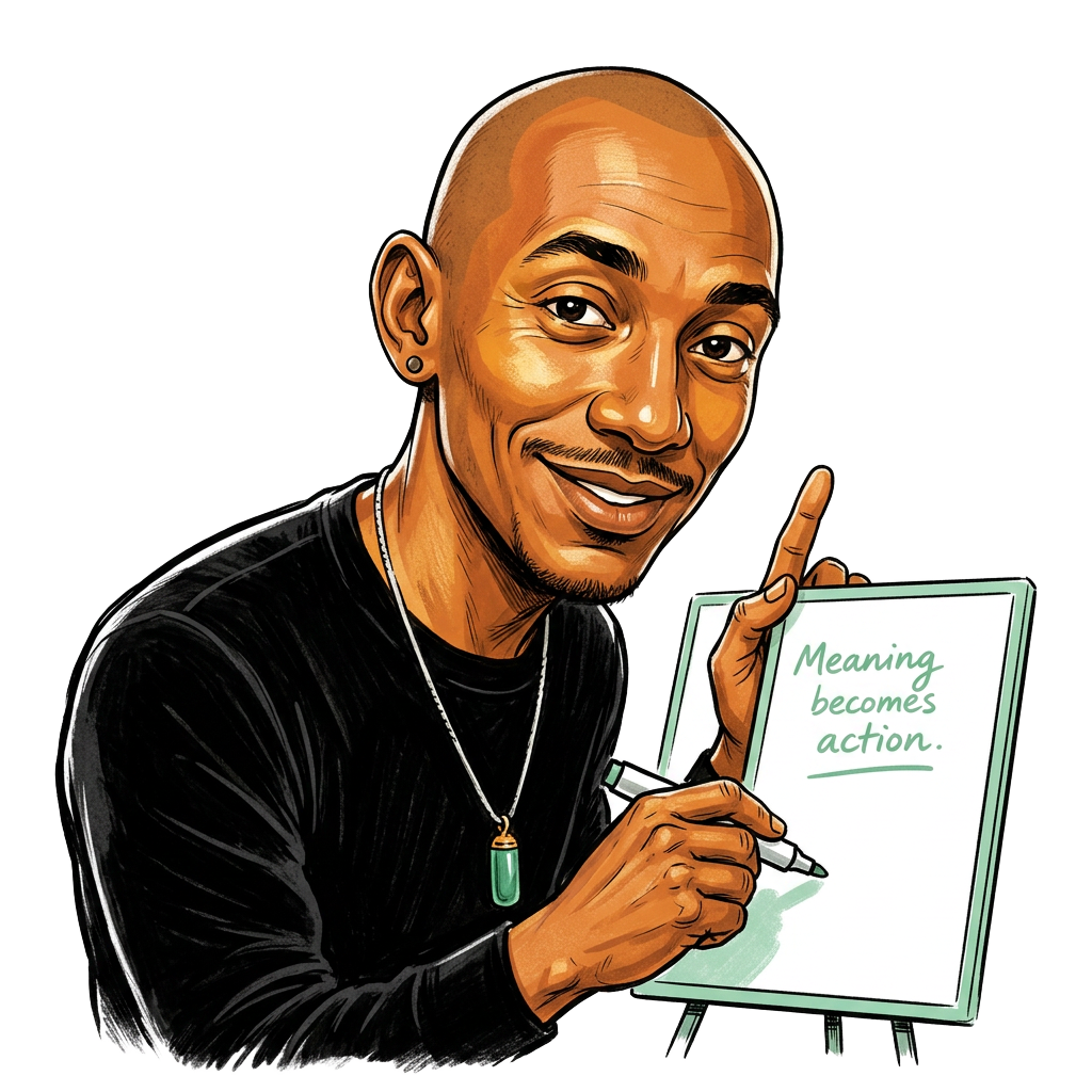 Ink illustration of Kris Granger teaching with an open explanatory gesture